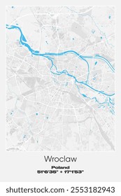 Mapa de pôster vetorial editável de Wroclaw, Polônia, mostrando detalhados layouts de rua, estradas principais, bairros e pontos de referência em cores cinzentas, brancas e azuis.