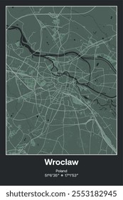 Editable vector poster map of Wroclaw, Poland, showcasing detailed street layouts, main roads, neighborhoods, and landmarks in Dark gray, Gray, Green, gray-green colors.