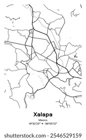 Editable vector poster map of Xalapa, Mexico, showcasing detailed street layouts, main roads, neighborhoods, and landmarks in Black, white, gray, BW colors.