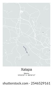 Editable vector poster map of Xalapa, Mexico, showcasing detailed street layouts, main roads, neighborhoods, and landmarks in Gray, Blue, Green, White colors.