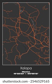 Editable vector poster map of Xalapa, Mexico, showcasing detailed street layouts, main roads, neighborhoods, and landmarks in Gray, Black, Orange colors.