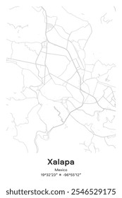 Editable vector poster map of Xalapa, Mexico, showcasing detailed street layouts, main roads, neighborhoods, and landmarks in Pastel, Gray, White, Green colors.
