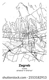 Editable vector poster map of Zagreb, Croatia, showcasing detailed street layouts, main roads, neighborhoods, and landmarks in Black, white, gray, BW colors.