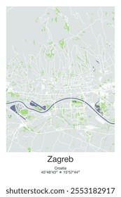 Mapa de pôster vetorial editável de Zagreb, Croácia, mostrando detalhados layouts de rua, estradas principais, bairros e pontos de referência em cores cinzentas, azuis, verdes, brancas.