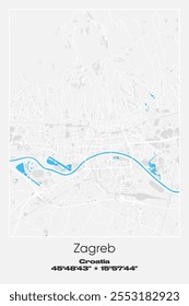 Editable vector poster map of Zagreb, Croatia, showcasing detailed street layouts, main roads, neighborhoods, and landmarks in Gray, white, blue colors.