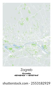 Mapa de pôster vetorial editável de Zagreb, Croácia, mostrando detalhados layouts de rua, estradas principais, bairros e pontos de referência em cores cinzentas, brancas, verdes, azuis.