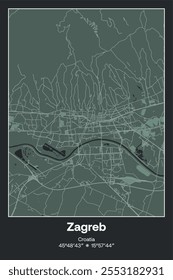 Editable vector poster map of Zagreb, Croatia, showcasing detailed street layouts, main roads, neighborhoods, and landmarks in Dark gray, Gray, Green, gray-green colors.