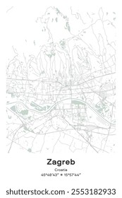 Editable vector poster map of Zagreb, Croatia, showcasing detailed street layouts, main roads, neighborhoods, and landmarks in Pastel, Gray, White, Green colors.