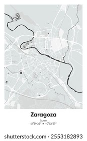 Editable vector poster map of Zaragoza, Spain, showcasing detailed street layouts, main roads, neighborhoods, and landmarks in Gray, Black, White, BW colors.