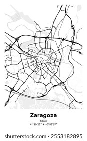 Editable vector poster map of Zaragoza, Spain, showcasing detailed street layouts, main roads, neighborhoods, and landmarks in Black, white, gray, BW colors.