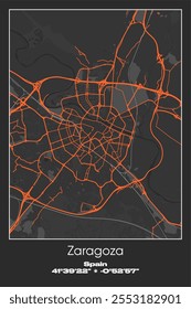 Editable vector poster map of Zaragoza, Spain, showcasing detailed street layouts, main roads, neighborhoods, and landmarks in Gray, Black, Orange colors.