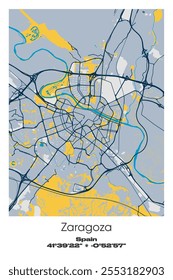 Editable vector poster map of Zaragoza, Spain, showcasing detailed street layouts, main roads, neighborhoods, and landmarks in Blue, Gray, Yellow, Olive colors.