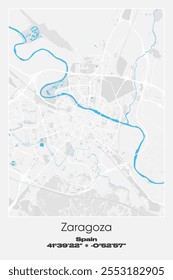 Mapa editável de pôster vetorial de Saragoça, Espanha, mostrando detalhados layouts de ruas, principais estradas, bairros e pontos de referência em cores cinzentas, brancas, azuis.