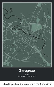 Editable vector poster map of Zaragoza, Spain, showcasing detailed street layouts, main roads, neighborhoods, and landmarks in Dark gray, Gray, Green, gray-green colors.