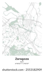 Mapa editável de pôster vetorial de Saragoça, Espanha, mostrando detalhados layouts de rua, principais estradas, bairros, e pontos de referência em Pastel, cinza, branco, cores verdes.