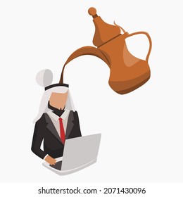 Editable Vector of Pouring Arabic Coffee From Dallah Pot Into The Head of Arab Businessman During Work on His Laptop for Business and Inspiration Illustration With Arab Culture or Cafe Related Design