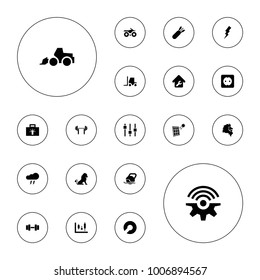 Editable vector power icons: lion, flash, excavator, tractor, motorcycle, panel control, bulb, home repair, plug socket, solar panel, thunderstorm on white background.