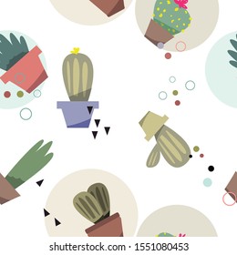 Editable vector. Pretty pattern of different cacti in his pot. Drawing of different types of potted plants. Illustration of different types of fun cacti.