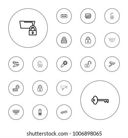 Editable vector private icons: do not disturb, lock, opened lock, open lock, censored, folder protection, room tag, reserved, door knob, security camera on white background.