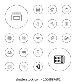 Editable vector product icons: cheese, eyeshadow palette, window squeegee, barcode, tag, ice cream, wine glass, sale tag, lot price, spray bottle, cream on white background.