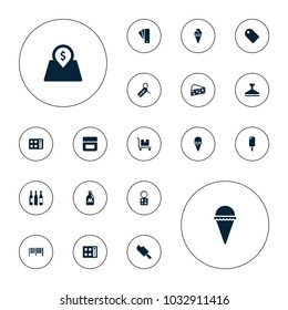 Editable vector product icons: milk can, tag, eyeshadow palette, cream, barcode, ice cream, cargo tag, wine glass, lot price, cheese, window squeegee on white background.