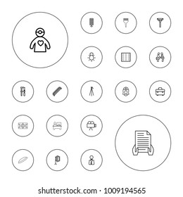 Editable vector professional icons: field, comb, tie, toolbox, chainsaw, nurse, doctor with medical reflector, businessman shaking hands, camera tripod on white background.