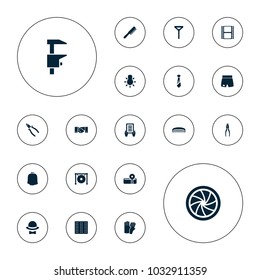 Editable vector professional icons: field, comb, glove, tie, holding document, pliers, movie tape, gong, camera shutter, camera bulb, hat and bow on white background.
