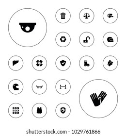 Editable vector protection icons: boot, gloves, shield, glasses, scales, helmet, recycle, lock, trash bin, bulletproof vest, fence, luggage storage on white background.