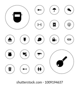 Editable vector protection icons: gloves, winter hat, key, welder mask, trash bin, family, umbrella, swimming glasses, folder protection, lock, helmet on white background.