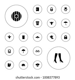 Editable vector protection icons: scarecrow, umbrella, trash bin, lock, glove, woman boots, safe, heart on hand, cloud protection, shield, hedgehog, boot on white background.