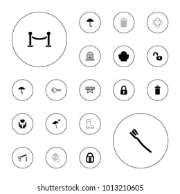 Editable vector protection icons: trash bin, lock, tooth brush, keep dry cargo, umbrella, airport officer, barrier, key, road barrier, fence on white background.