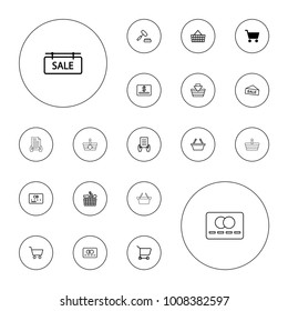 Editable vector purchase icons: shopping cart, credit card, holding document, shopping basket, dollar card, sale, shopping bag, sale tag on white background.