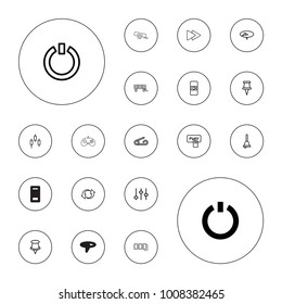 Editable vector push icons: switch off, vending machine, pin, finger pressing play button, adjust, control panel, update, fast forward, bell, barrow on white background.