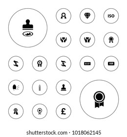 Editable vector quality icons: vip, award, medal, pound, honeycomb, hands holding heart, ribbon, iso, wheat, stamp on white background.