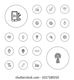 Editable vector radio icons: microphone, radio, signal, pin microphone, phone and earphones, favorite music, no signal, signal tower, control panel, rec on white background.