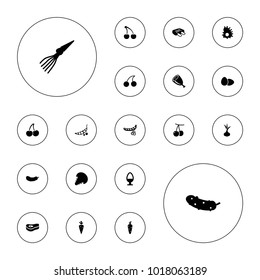 Editable vector raw icons: onion, carrot, cherry, peas, cherry, cucumber, egg, meat on white background.