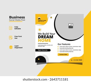 Editable vector real estate promotional social media post template for modern home builders and property developers. Clean layout with bold typography and vibrant yellow theme.