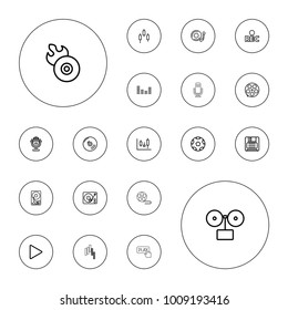 Editable vector record icons: gramophone, movie tape, panel control, control panel, disc flame, rec, diskette, play, equalizer, microphone, cd, hard disc on white background.