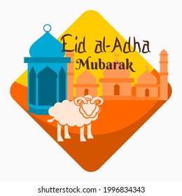 Editable Vector of Rectangle Emblem Contains Sheep in Front of Mosque and Arabian Lantern Illustration for Artwork Elements of Eid Al-Adha or Islamic Holy Festival Design Concept