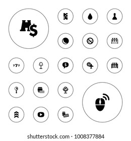 Editable vector reflection icons: mirror, sphere, domino, lotto, dollar sign in cloud, test tube, globe and plane, binoculars with dollar sign, pawn on white background.