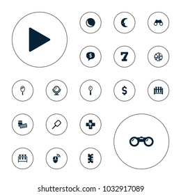 Editable vector reflection icons: mirror, 7 number, sphere, disco ball, lotto, dollar sign in cloud, test tube, binoculars, play, computer mouse, dollar on white background.