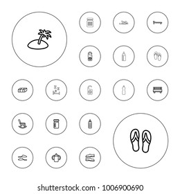 Editable vector relax icons: garden bench, baby bottle, do not disturb, slippers, rocking chair, bottle for fitness, fitness bottle, bench, sunbed, island on white background.
