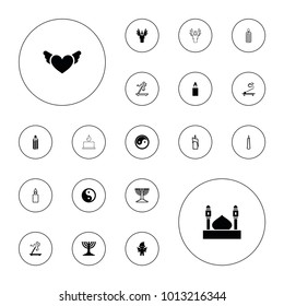 Editable vector religion icons: aroma stick, yin yang, angel, candle, menorah, mosque on white background.