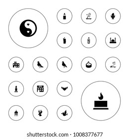 Editable vector religion icons: dove, spa building, aroma stick, candle, love bird, angel, yin yang, mosque on white background.