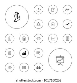 Editable vector report icons: graph, clipboard, binder, dolar growth, check list, meeting, stopwatch camera, checklist, clipboard with chart, chart on white background.