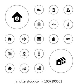 Editable vector residential icons: building, house, business center, window, home, house sale on white background.
