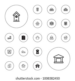 Editable vector residential icons: house building, building   isolated  sign symbol, building, house, home, window, home with heart, house sale on white background.
