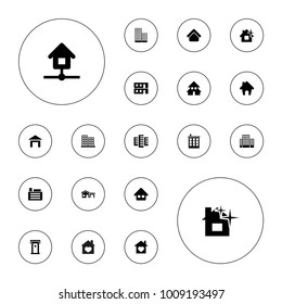 Editable vector residential icons: house building, door with heart, building, business center, clean house, home with heart on white background.