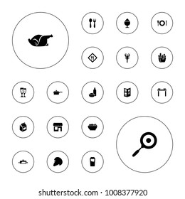 Editable vector restaurant icons: drink, table with plates and pan, french fries, milkshake, drink and food, chicken, take away food, shop, restaurant on white background.
