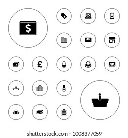 Editable vector retail icons: business center, credit card, hanger, bag, online shopping, pound, cargo on palette, office supply, shop, sport bag on white background.